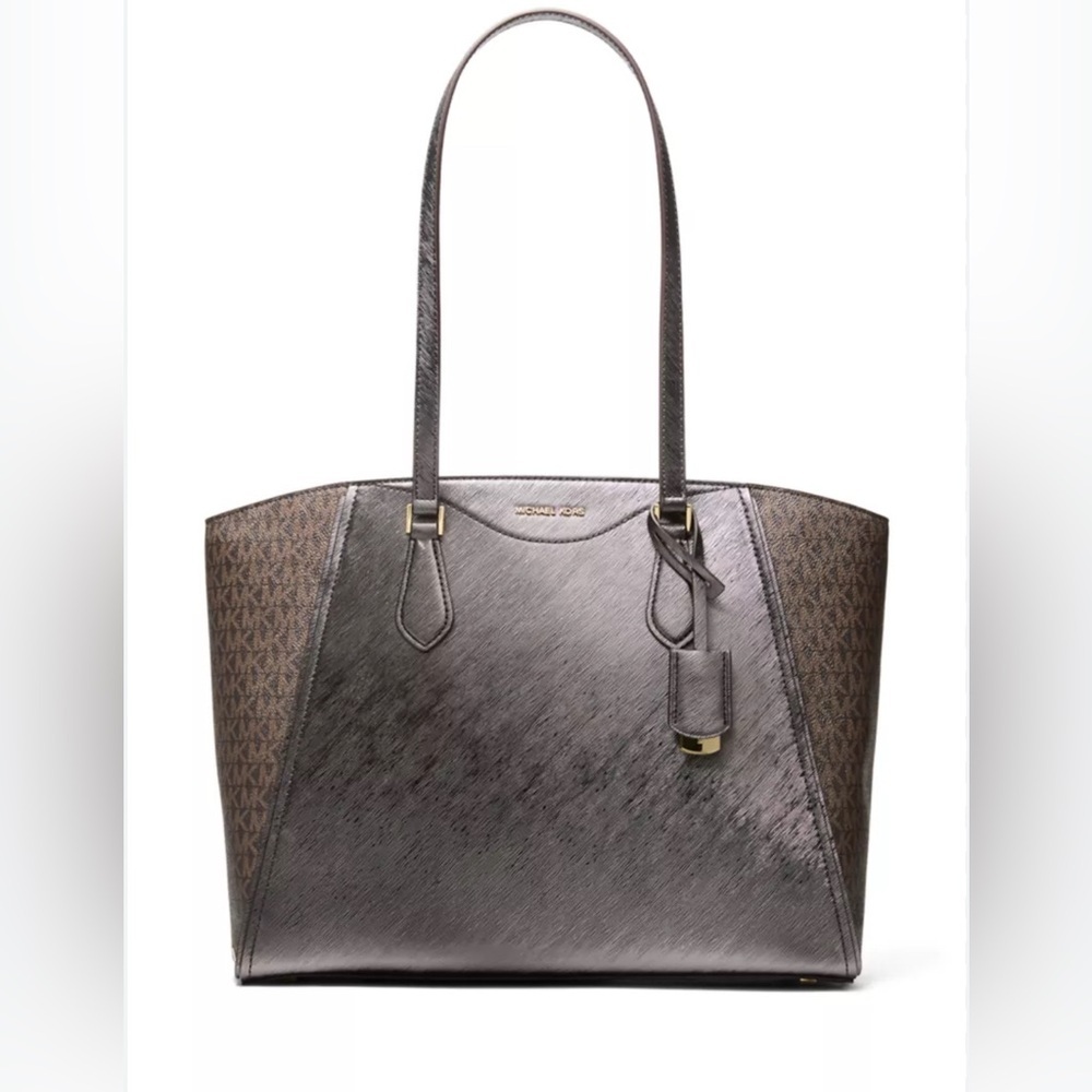 NWT Michael Kors Taryn dual finish Metallic Gray & Brown Monogram Large Tote.